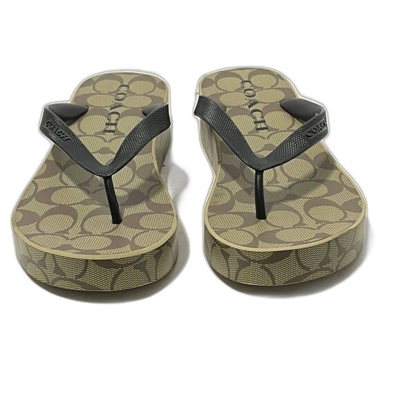 COACH WMN’S Khaki/Black SIG C LYNN Platform Wedge Sandal/Flip Flops Sz 9 - Picture 2 of 10